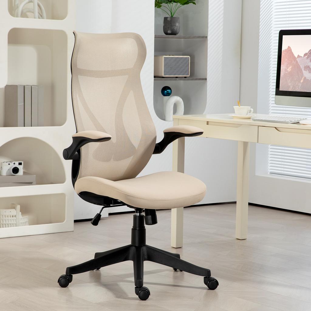 Office Chair with Flip-Up Armrests, Adjustable Height and Tiltable Backrest, Beige