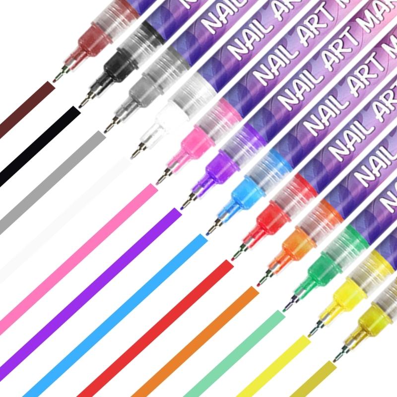 Penna da Disegno per Nail Art 12 Colori Set di Penne per Nail Art Impermeabile Penna per Smalto Asciugatura Rapida Penna per Pittura Graffiti Nail Art