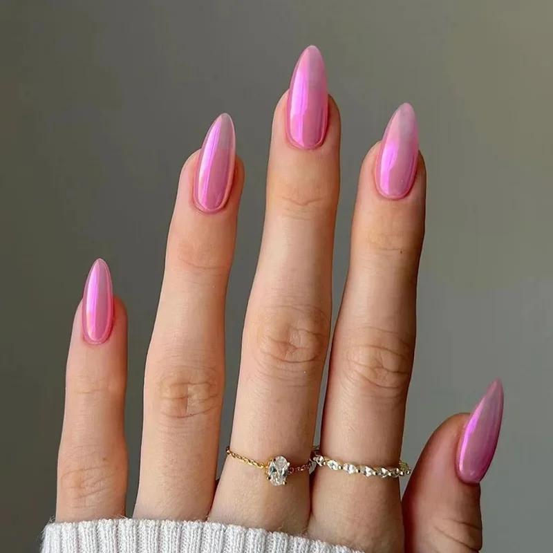 24Pcs Simple False Nails with Glue Short Almond Fake Nails Glitter Aurora Round Head Full Cover Nail Tips Oval Press on Nails