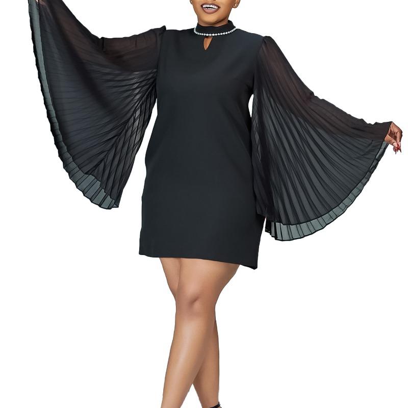 New temperament fashion horn sleeve pleated nail drill loose A-shaped dress