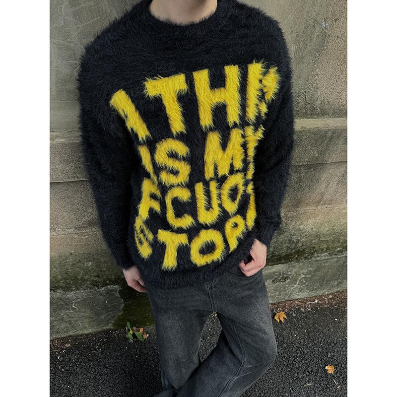 Autumn/Winter Unisex Loose Mohair Knit Sweater with American Trend Letter Jacquard Double Extra Large
