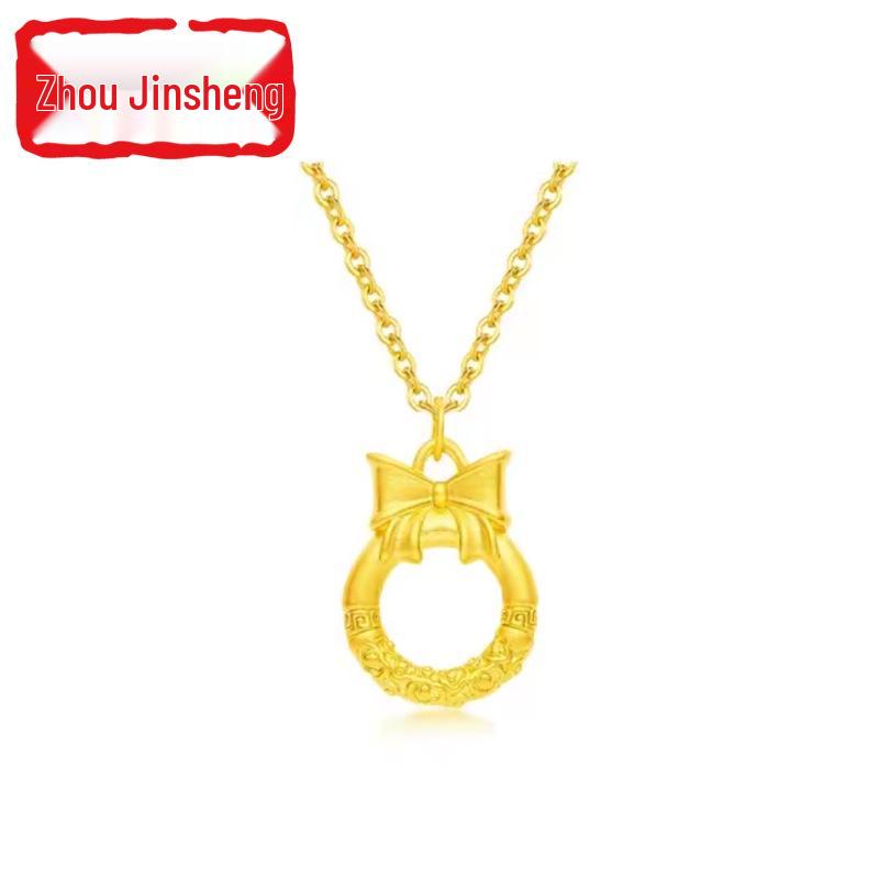 5D Pure Gold Butterfly Bow Knot Auspicious Clouds Qiankun Cudgel Princess Peace Buckle Necklace