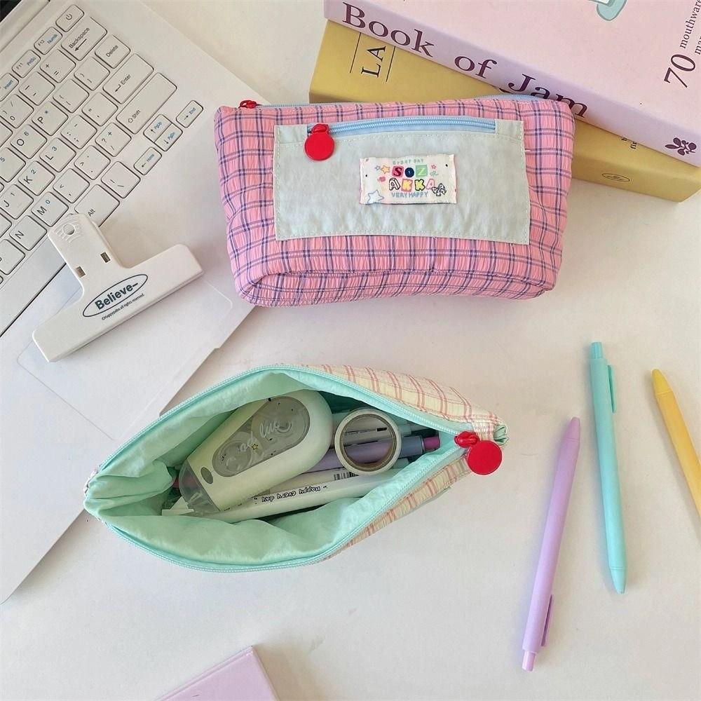 Dopamine Contrasting Grid Pen Case Checkered Cute Makeup Bag Simple Cartoon Stationery Box School