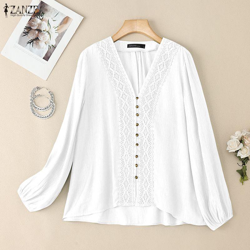 

ZANZEA Women Casual V Neck Solid Color Long Sleeve Lace Crochet Loose Blouse S белый
