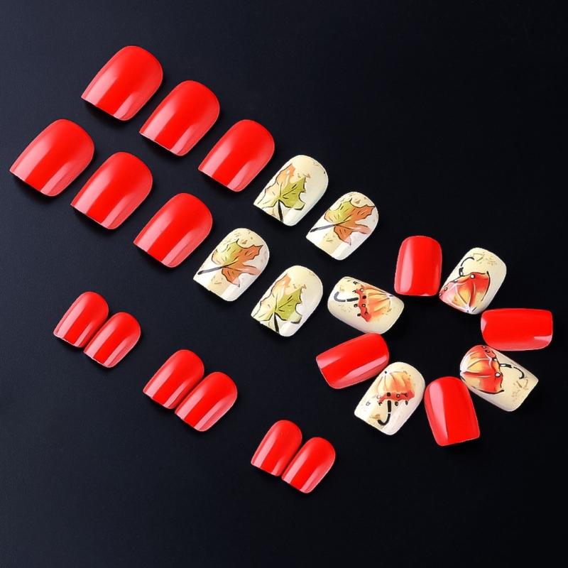 24PCS Elegant Maple Leaf False Nail ABS Build Artificial Nail Easy Application Multiple Sizes For Daily Comfort Wear