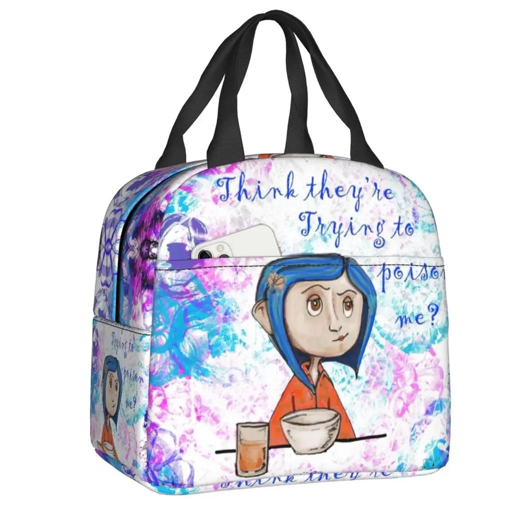 Halloween Horror Movie Coraline Insulated Lunch Bag for Women Portable Cooler Thermal Food Lunch Box Outdoor Camping Travel