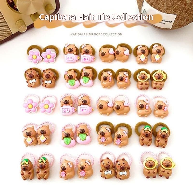 10Pcs Cute Capybara Hair Rope High Elasticity Twist Leather Band Cartoon Capybara Hanging Beads Headband Hair Accessories