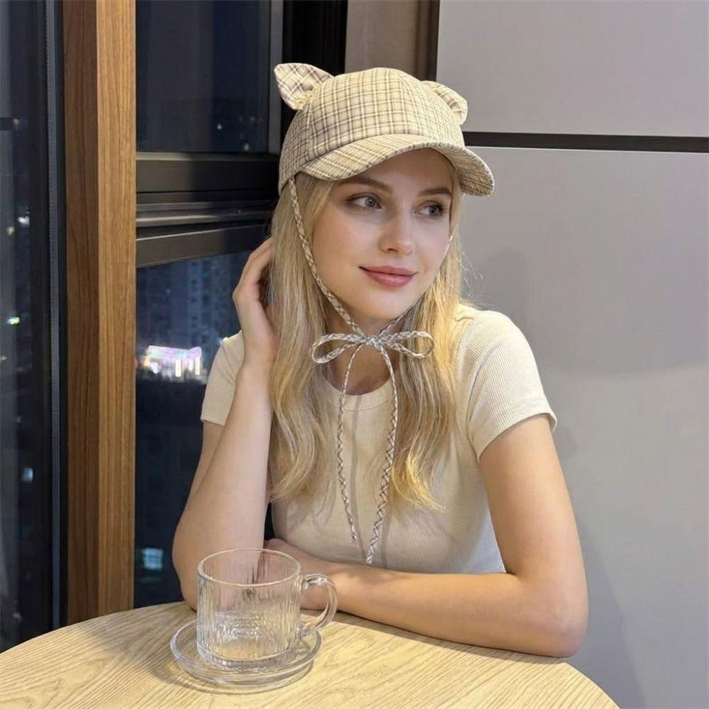 Fashion Cat Ears Baseball Cap Plaid Bow Tie Style Peaked Cap Breathable Simple Sun Hat Unisex Outdoor
