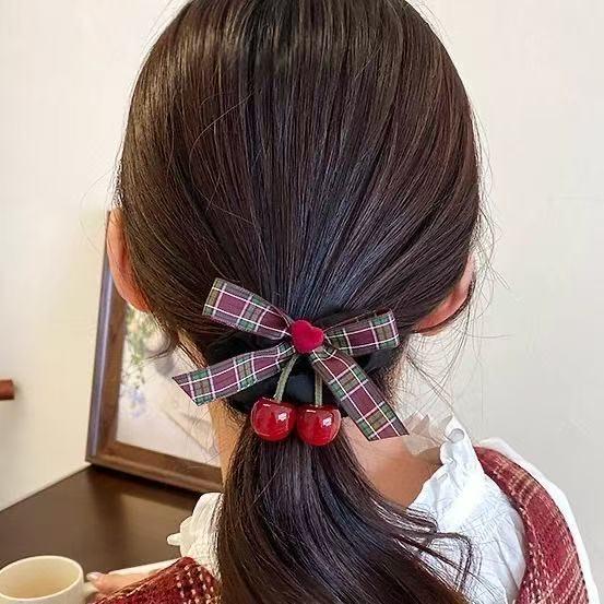 Elegant Cherry Velvet Hair Scrunchies - Ballet Style Elastic Headwear