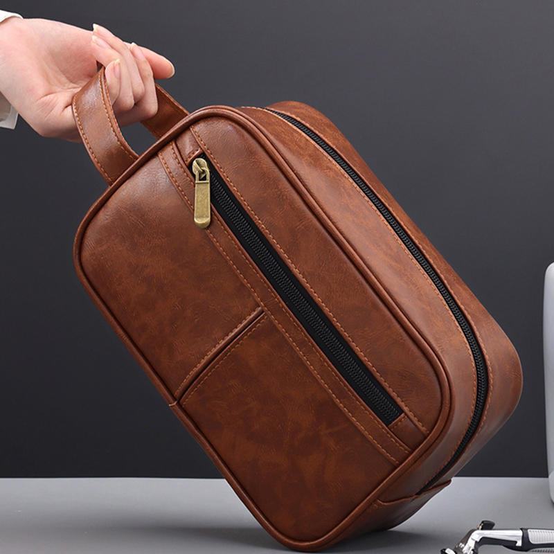 Business Travel Portable Men's Toiletry Bag Fashion Retro Leather Thickened Cosmetic Bag Handbag