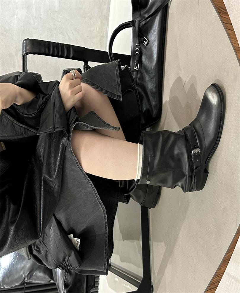 

Ретро брюки, ботильоны на толстом каблуке, женские 2025, новые, плиссированные, постапокалиптические, ковбойские ботинки Мартин 39 чёрный