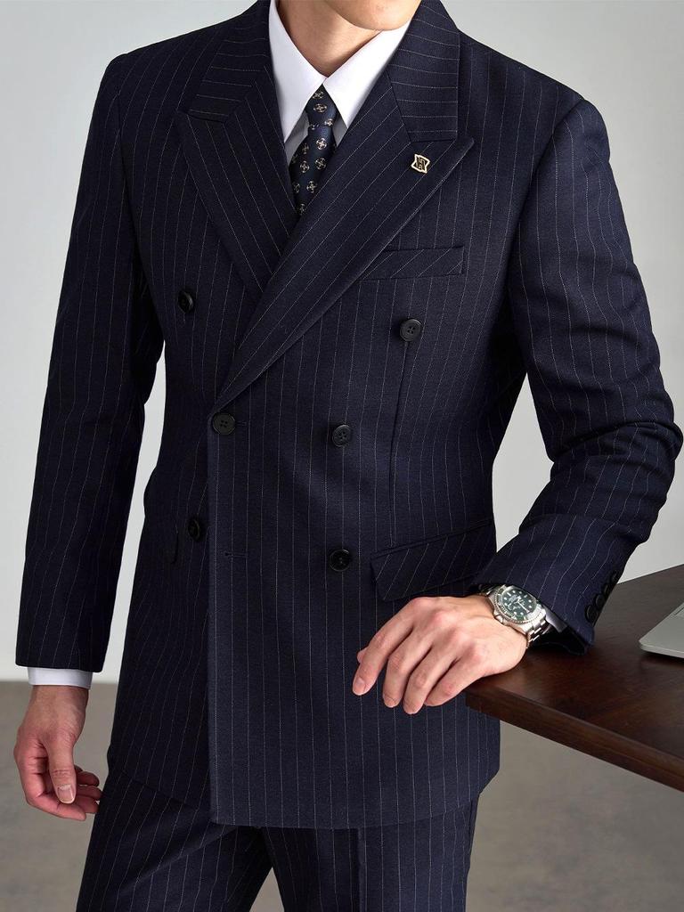 Men's Old Money Double-Breasted Striped Suit Set - Business Casual, High-End Professional Attire for Formal or Wedding Events