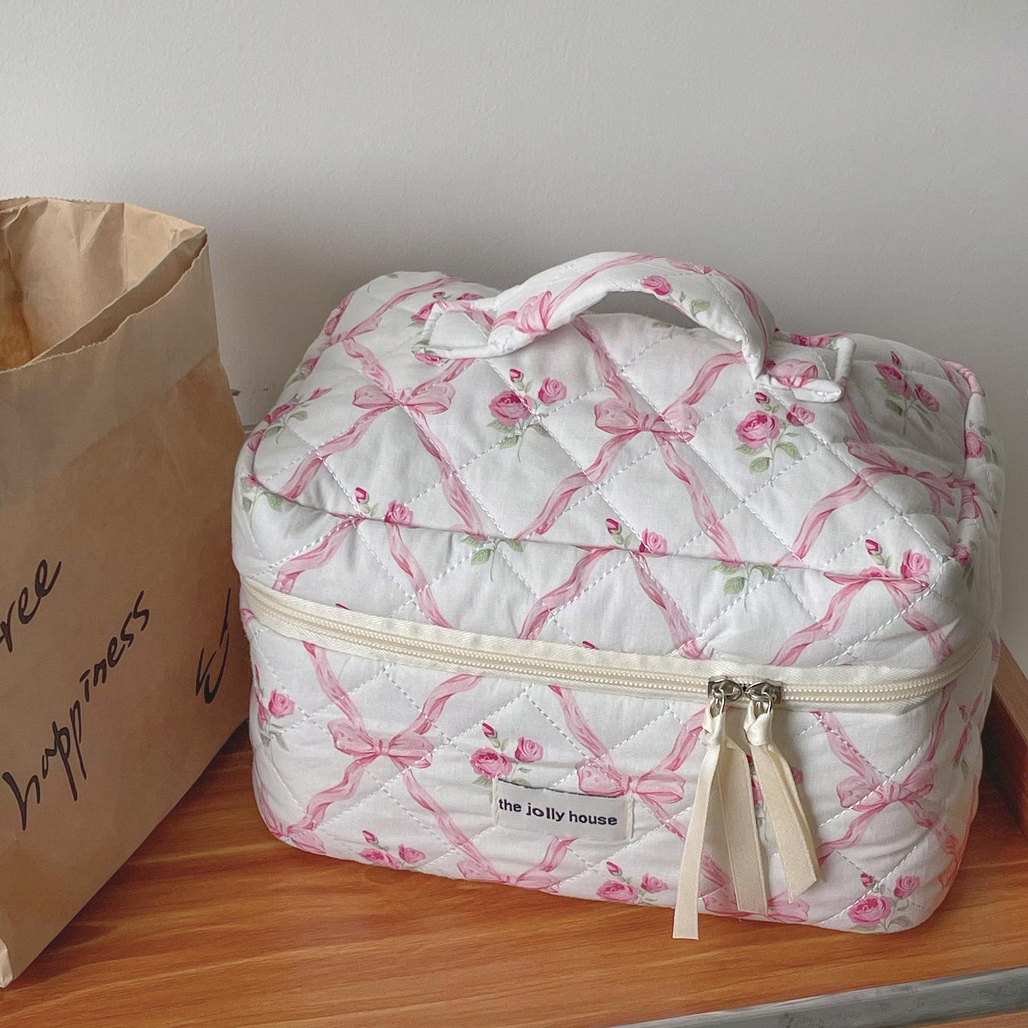 

Хлопковая косметичка с милым бантом и цветком, женский косметический органайзер на молнии, женская тканевая сумка, портативный чехол для туалетных принадлежностей для девочек