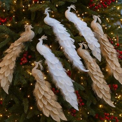 Paon Artificiel Coloré de Noël Plume à Paillettes Artisanat Réaliste Ornements d'Oiseaux de Noël Longue Queue Fait Main