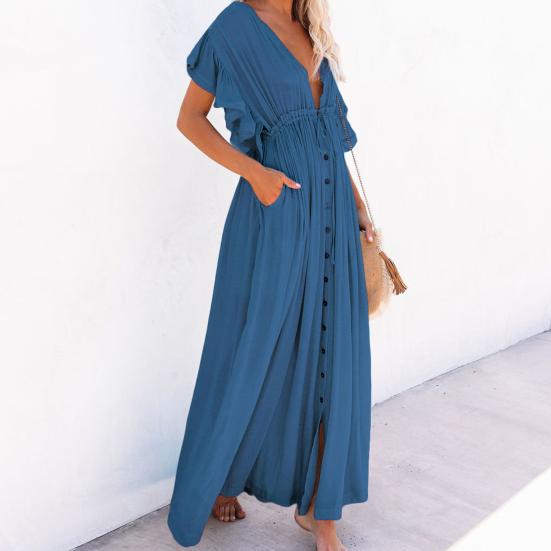 Badeanzug-Abdeckung, einfarbig, sexy, tiefes V-Ausschnitt, Rüschen-Bikinikleid