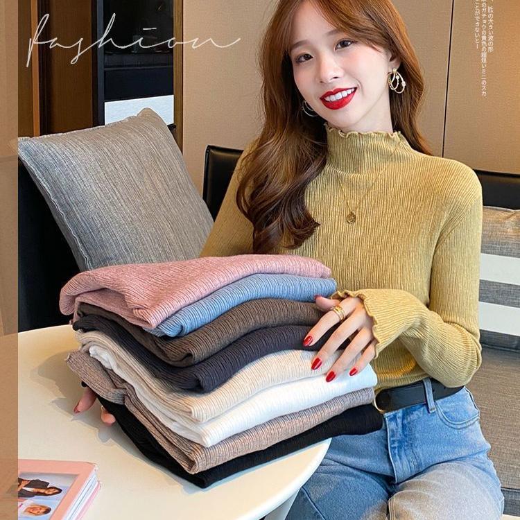 Ruffle Semi-high-neck Sweater for Women's Autumn and Winter Stylish with Base Layer Inside and Out Trendy and Casual Long-sleeved Pullover