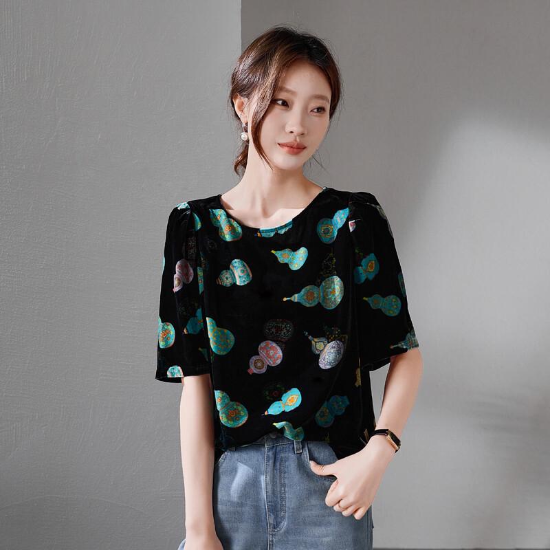 SOFSIL 2026 Summer Silk Printed Short Sleeve Blouse