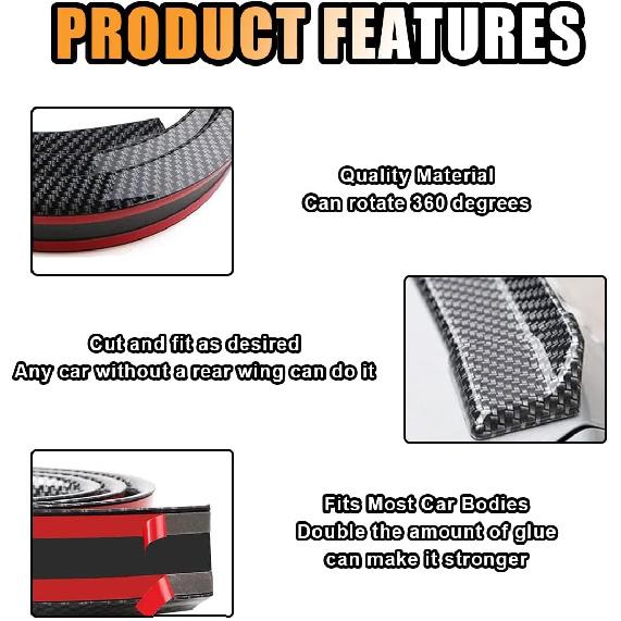 Car Rear Spoiler Roof Lip Kit, Carbon Fiber 3D Rubber Trunk Spoiler Trim Strip Cool Car Decoration, Universal Punch-Free Vehicle Exterior Accessory