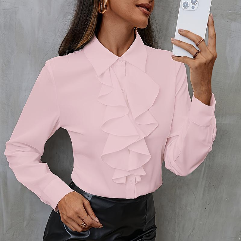 Elegantes Raff-Patchwork Lockeres Chiffon-Hemd Damen Langarm Bürobluse Süßes Revers Mode Frühling Herbst Freizeit Unifarbene Oberteile Neue Kleidung