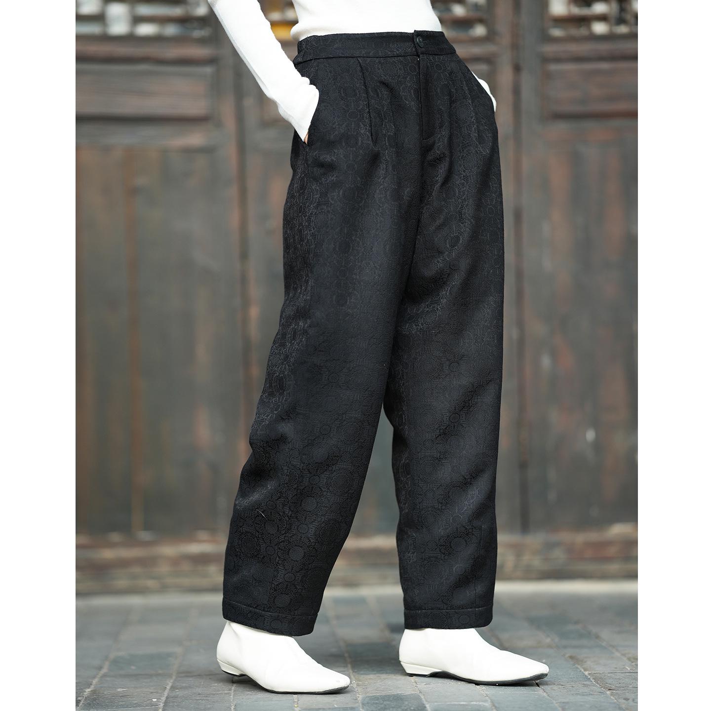 

Women s High-End Quilted Wide-Leg Jacquard Pants - Winter 2025, High-Waisted Chinese Style Cotton Casuals Medium (45-55 kg) чёрный