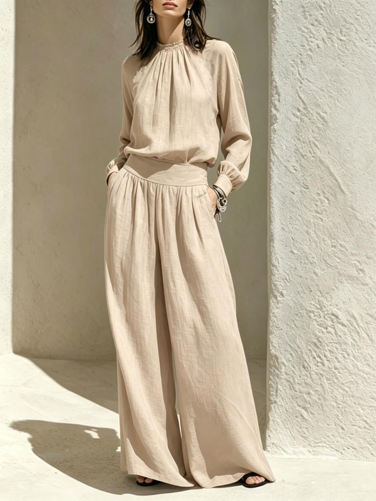 Women's 2 Piece Long Sleeve Top and Wide Leg Pants Set Cotton Linen Casual Outfit