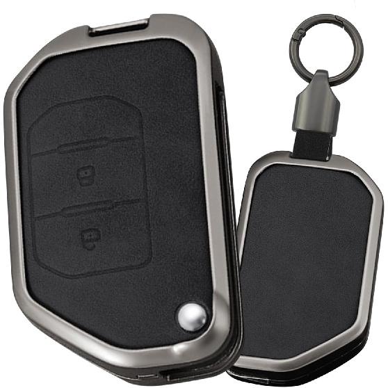 

HIBEYO 4 Button Key Fob Cover Compatible with Jeep Gladiator JT Sahara JLU 2018-2023 Fit for Jeep Wrangler JL JLU Rubicon Accessories Leather& Zinc 2 Button Black