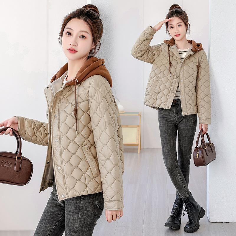 Diamond lattice down cotton jacket women's short autumn and winter new light and light padded cotton jacket hooded padded jacket