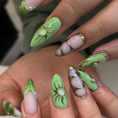 Pezzo per manicure tridimensionale, unghia finta per occhi, pezzo per unghie a farfalla verde scuro, pezzo per manicure rimovibile, trapano 24 pezzi