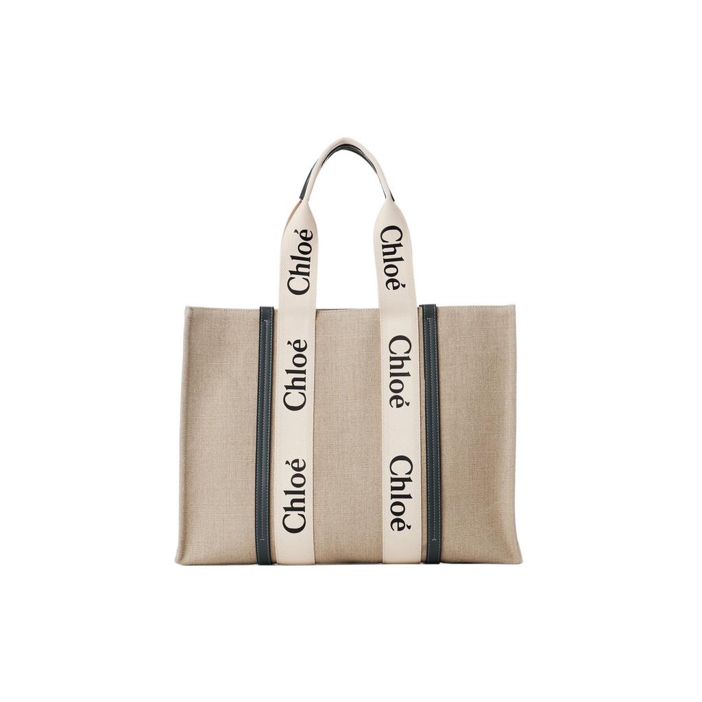 Chloe Woody Logo Print Satin Ribbon Canvas And Leather Tote Bag Women Tote Bags CHC22-AS382I26-91J