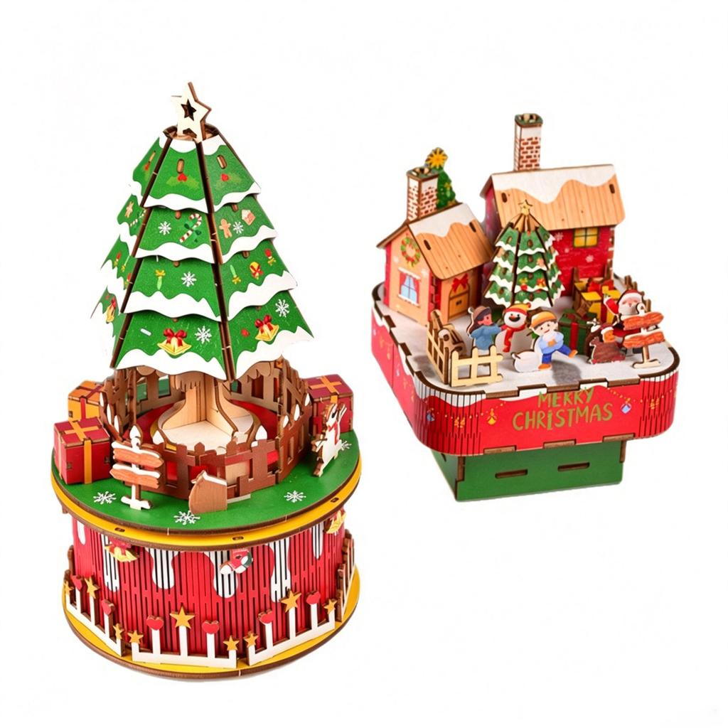 Drehende hölzerne Weihnachtsmusikbox mit Miniatur-Szene, 3D-Puzzle-Modell für Schreibtisch-Urlaubsdekoration