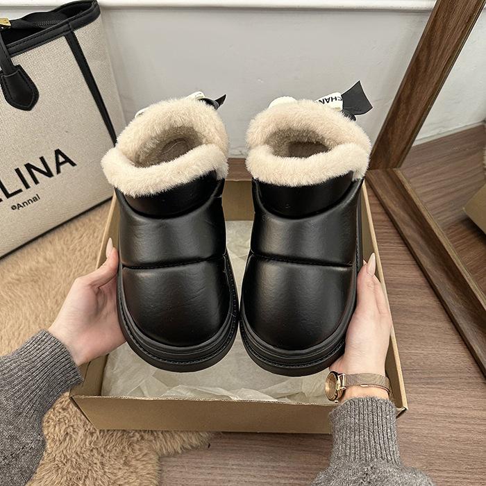 Women's leather waterproof lightweight height-enhancing thick sole winter warm fur one snow boots plush lined non-slip casual sports cotton boots