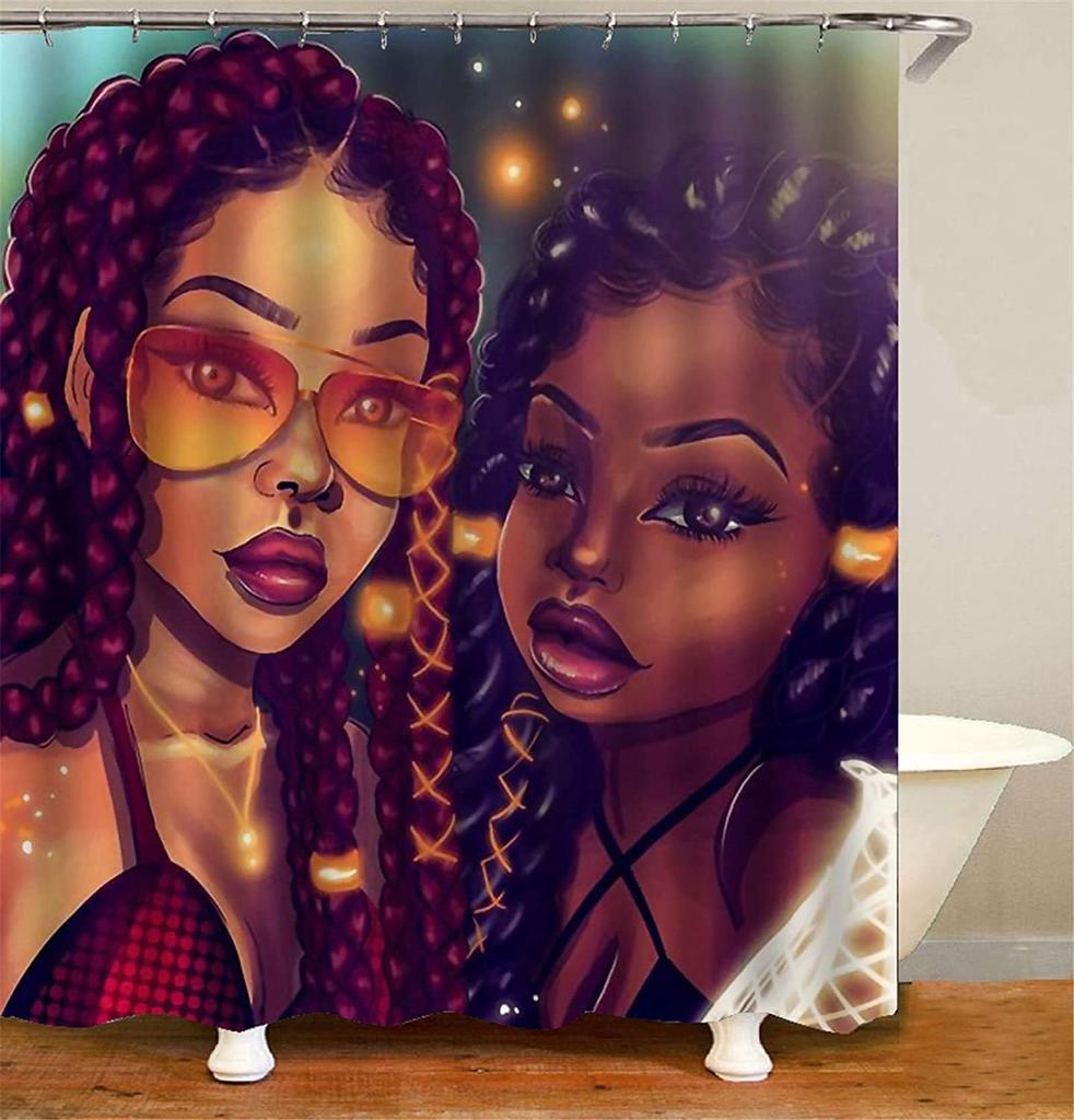 Afro-Afroamerikanisches Duschvorhang-Set Wasserdichtes Gewebe Badezimmervorhang mit süßem schwarzem Mädchen-Design, Langlebig und Stilvoll