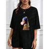 Camiseta Casual Feminina Menina Branca Com Brinco de Pérola Assoprando Chiclete Estampa Moda Verão Top Para Uso Diário E Saídas