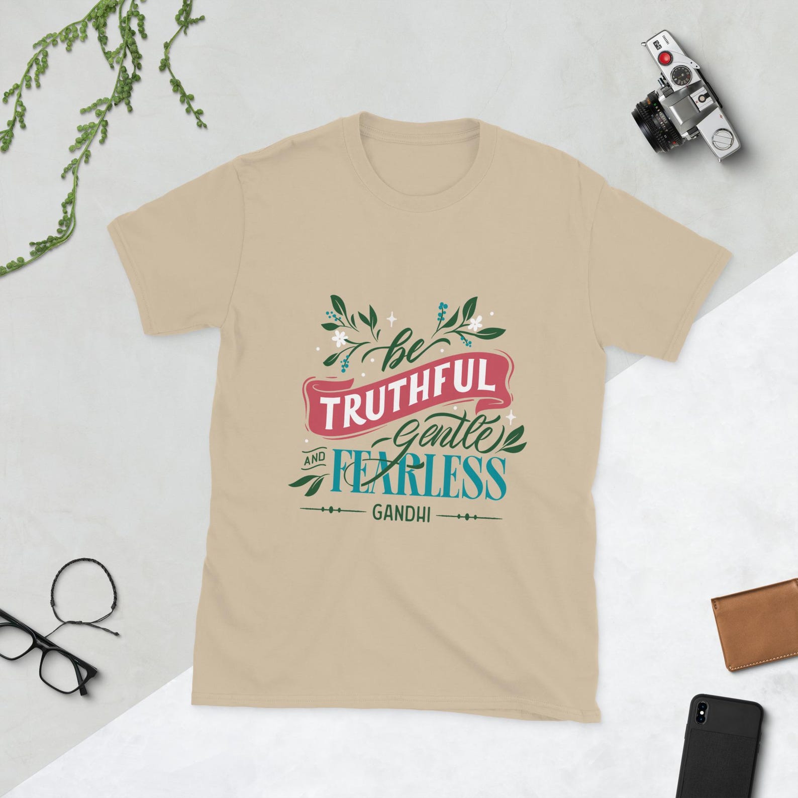 Gandhi Quote T-Shirt: Truthful Gentle Fearless, Spiritual Apparel S