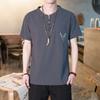 Chinese-style Cotton and Linen Short-sleeved T-shirt for Men, Casual and Trendy. Linen Embroidered Pocket Deer Head Top, Thin