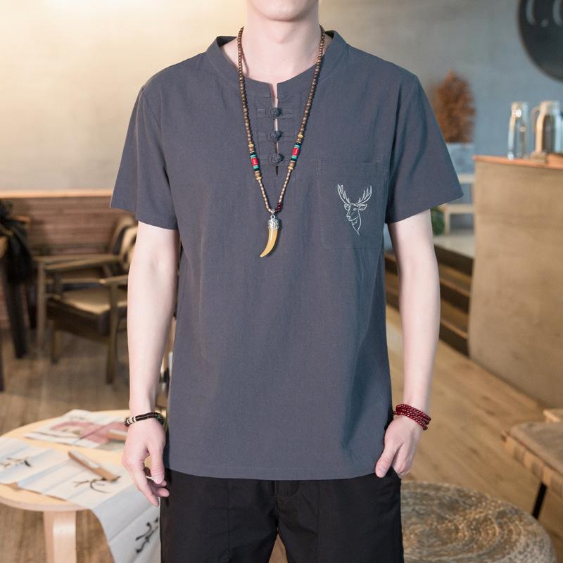 Chinese-style Cotton and Linen Short-sleeved T-shirt for Men, Casual and Trendy. Linen Embroidered Pocket Deer Head Top, Thin