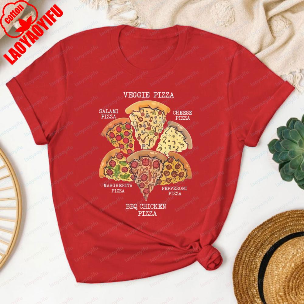 Funny Pizza Flavors Tshirt Six Pizza Types Graphic Casual Cotton Tee Daily Wear Pizza Lover Vintage Fashion Streetwear for Women