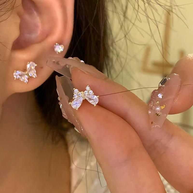 4Pcs/Set Fashion Simple Rhinestone Heart Butterfly Stud Earrings For Women Y2K Punk Light Luxury Exquisite Wedding Jewelry Gifts