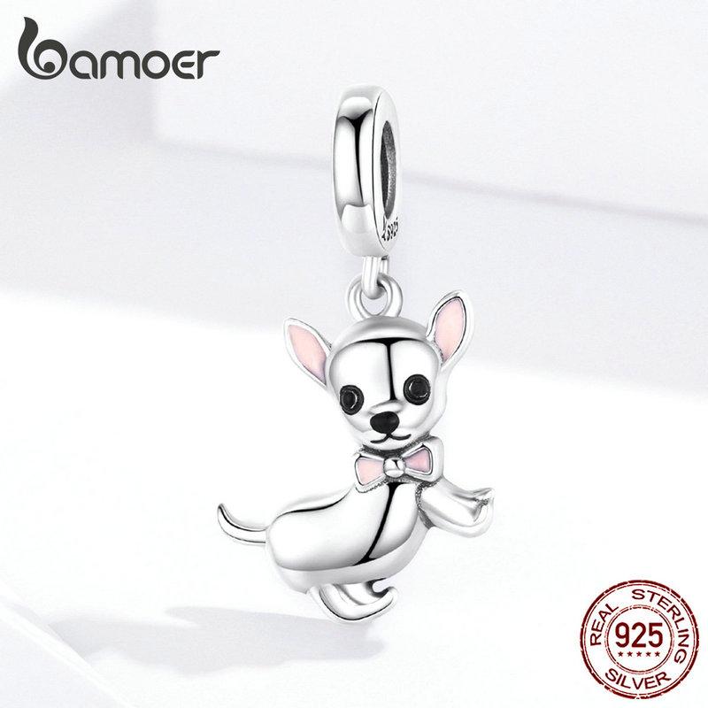 Bamoer Cute Pet Chihuahua Dog Pendant Charm Silver 925 Original Pink Enamel Ear Fashion Jewelry Gifts Girl Accessories SCC1317