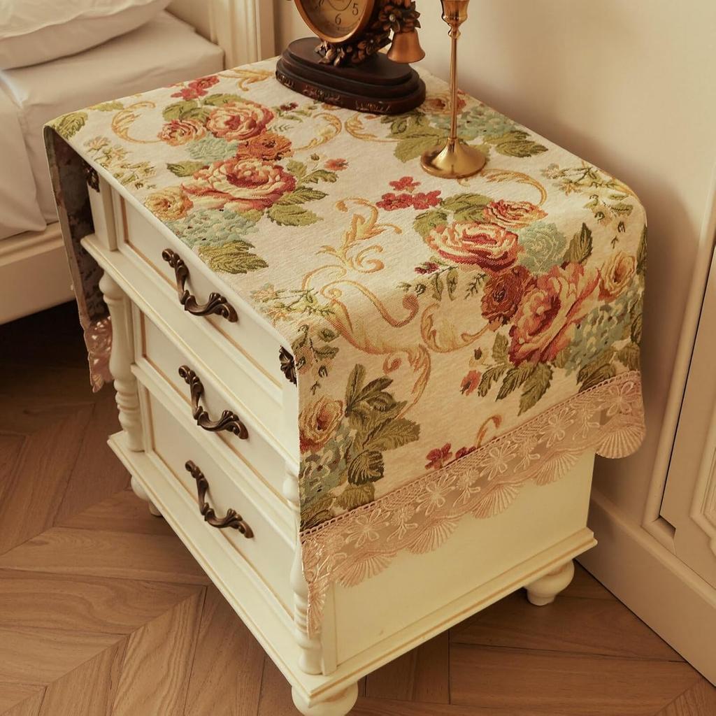 Nightstand Cover:Luxe Palace Garden Chenille Table Protector with Lace, Vintage Floral Embroidery Dresser Cover for End Table/Bedroom, Machine