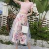 Cute Fresh Chiffon Skirt Elegant Short Sleeve Bowknot Tops Floral Mid-length High Waist Slim Two-piece Suit Shirt Skirt 16673