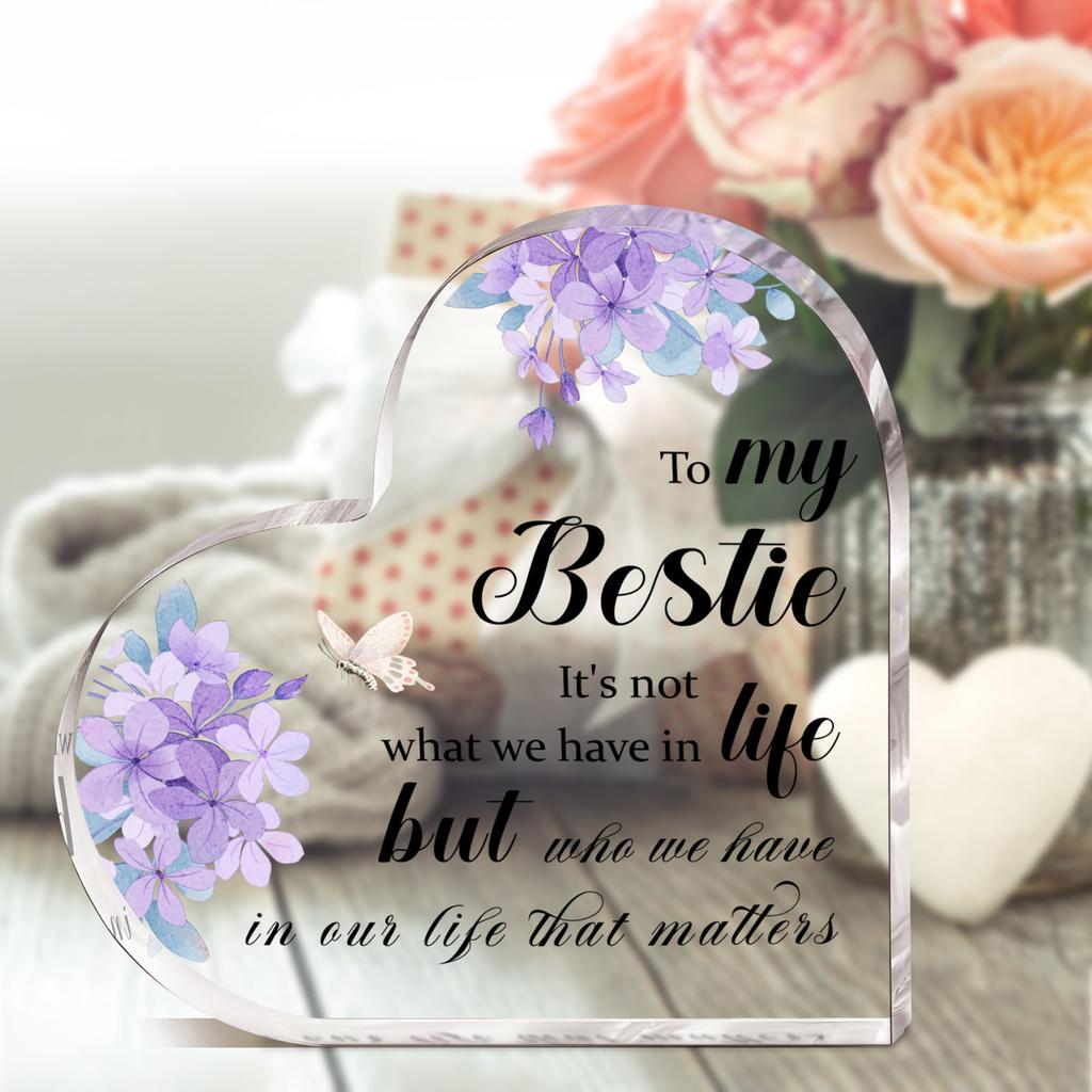 Acrylic Heart-Shaped Plaque with Inspirational Message & Purple Flowers, Universal Friendship Gift, for Desktop Decor