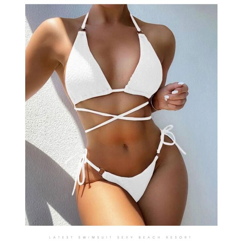 Womens Solid Color Triangle Bikini Set With Padded Top Adjustable Straps Swimwear Beach Pool Swimming