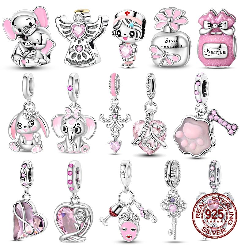 925 Silver Pink Color Cat's Paw Rabbit Elephant Zircon Dangle Charms Beads Pendant Fit Bracelet Necklace DIY Jewelry