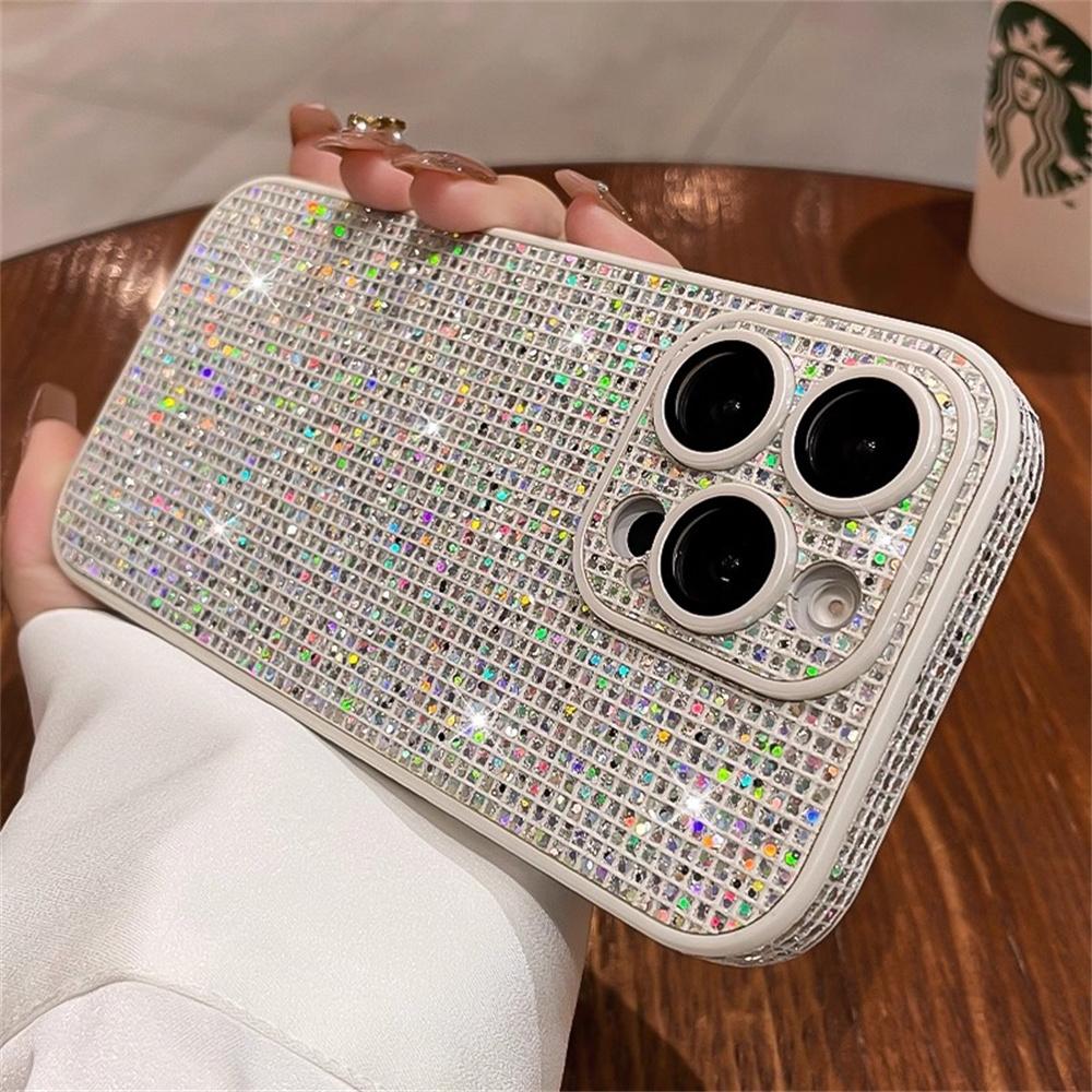 

Full Screen Glitter Plaid Sequins Phone Case For iPhone 17 16 15 14 13 12 Pro Max Sparkling Lens Camera Protection Cover For iPhone 11