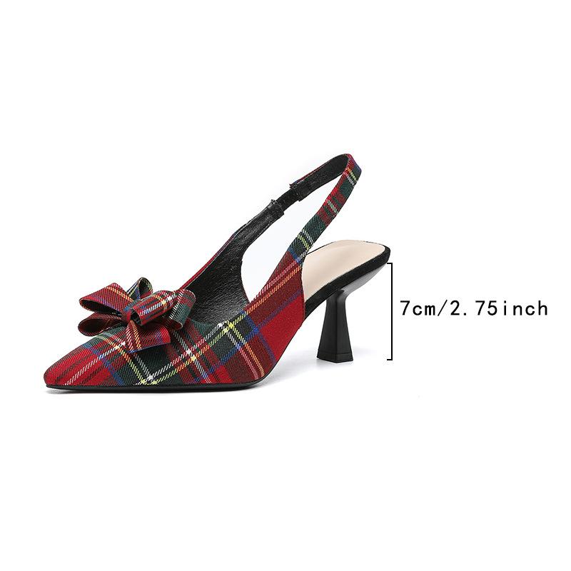 Women's Plaid Slingback Kitten Heels Closed Pointed Toe Bow Tie Slip On Work Pumps Ankle Strap Stiletto Formal Party Wedding Dress Shoes for Women