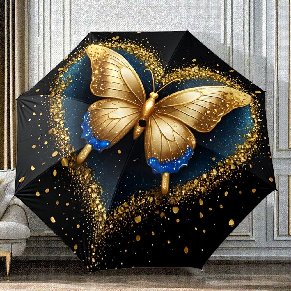Portable Folding Umbrella with Golden Butterfly Design - Automatic Open/Close, 8-Rib Sturdy Frame, Compact Travel Umbrella for
