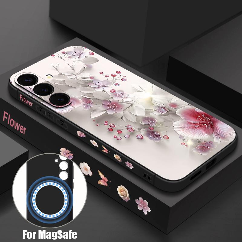 Pink White Flower Pattern Case For Samsung Galaxy S25 Ultra S24 S23 S22 Plus S21 S25 FE Magnetic For Magsafe Soft Silicone Cover