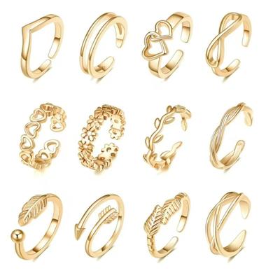 A 12-piece Open Ring Set with Adjustable Heart-shaped Leaves At the End of the Beach Toe Ring