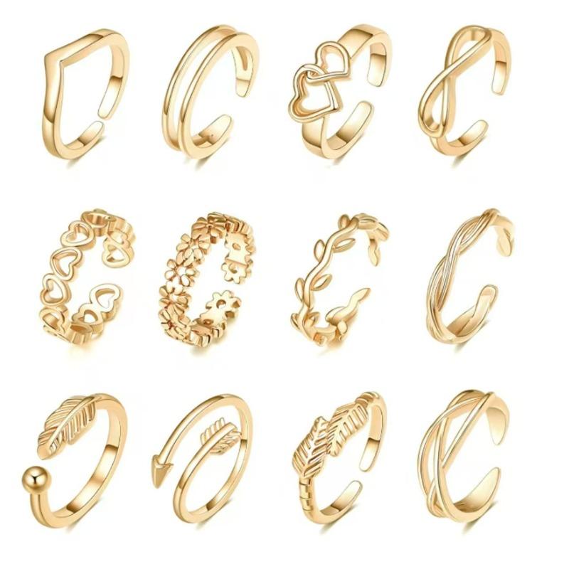 

A 12-piece open ring set with adjustable heart-shaped leaves at the end of the beach toe ring resizable